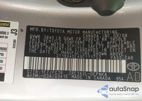 2009 Toyota Corolla Xle из США, поврежденный, VIN 2T1BU40E49C111752